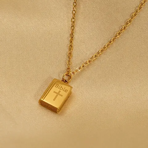 Bibel Anhänger Halskette 18K Vergoldet 304 Edelstahl Buch Religiöser Kreuz Schmuck Für Damen Herren