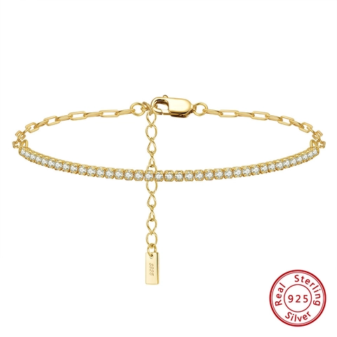 925 Sterling Silver Bracelet Half Tennis Half Paperclip Link Chain With Round Zircon For Women Simple Elegant Jewelry