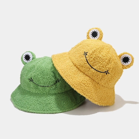 Cappello Da Pescatore Rana Carino Peluche Lana Di Agnello Caldo Autunno Inverno Per Donne Uomini Occhi 3D Sorriso Ricamato