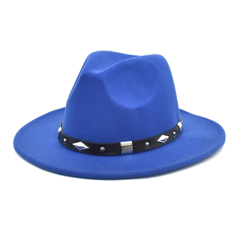 Wide Brim Fedora Hat Wool Felt Retro Jazz Cap With Rivet Leather Belt For Men Women