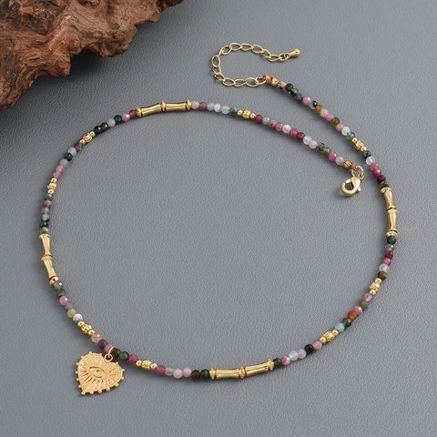 Collana Perline Vintage Pietra Tormalina Colorata Ciondolo Cuore Ottone Malocchio Gioielli Boho Per Donne