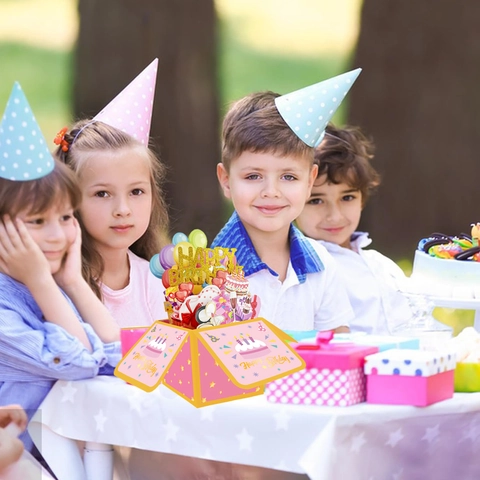 Biglietto Auguri Compleanno 3D Pop Up Design Scatola Pieghevole Intaglio Carta Happy Birthday Con Glitter Dorato