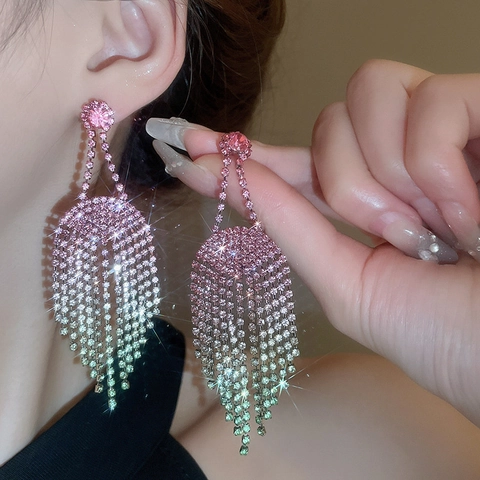 Farbverlauf Strass Herz Bogen Quaste Hängen Ohrringe Mit 925 Sterling Silber Ohrring Pfosten Für Frauen Eleganter Schmuck