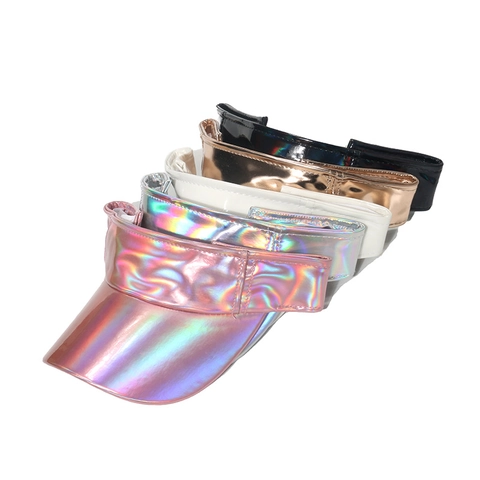 Cappello Visiera In Pelle PU Metallica Olografica Da Donna Protezione Solare Regolabile Hip Hop Berretto Vuoto