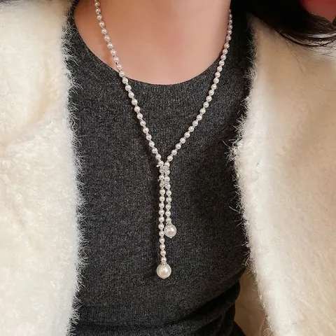 Collier Künstliche Perles Vintage Français Lariat Longue Chaîne De Pull Avec Pendentif Goutte D'eau Pour Femmes Bijoux Élégants En Verre Et Zircon