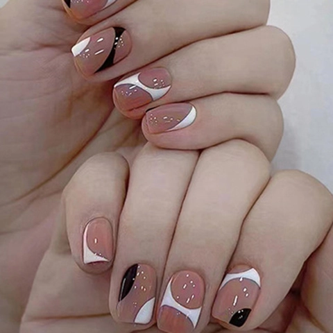 Press On Nagels Kort Vierkant Rond Geometrisch Patroon Marmeren Textuur Nude Roze Basis Minimalistisch Elegant Voor Vrouwen
