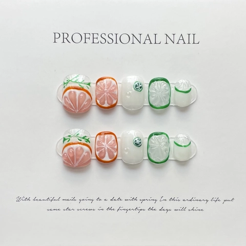 Handmade Press On Nails 3D Grapefruit Lemon Fruit Design Resin Glossy Summer Style Artificial Fingernails
