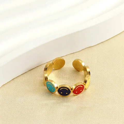 Anello Aperto Regolabile Acciaio Inossidabile Placcato Oro 18K Smalto Colorato Faccina Sorridente Gioielli Moda Stile INS Donna