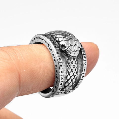 Snake Ring Stainless Steel Gothic Vintage Punk Carved Band Red Rhinestone Eye Jewelry For Men Women
