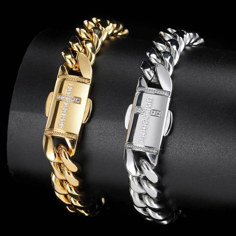 Pulsera De Cadena Cubana Acero Inoxidable Hebilla De Cruz Iced Out Joyería Hip Hop Streetwear Para Hombres Niños