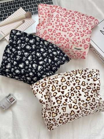 Trousse De Maquillage Imprimé Léopard Coeur Velours Côtelé Grande Capacité Portable Voyage Rangement Pour Femmes