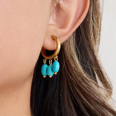 Boucles D'oreilles Créoles En Acier Inoxydable Or Avec Perles De Turquoise Imperméable Hypoallergénique Bijoux Bohèmes