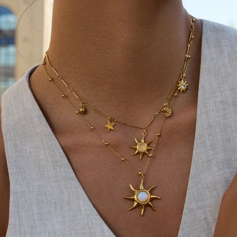 Sonnenanhänger Halskette Für Damen Edelstahl 18K Vergoldet Weißer Opal Edelstein Perlen Satellitenkette Boho Schmuck