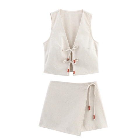 Completo Donna Look Lino Estate Gilet Senza Maniche Scollo V Stringato E Gonna Portafoglio Stile Boho Chic Vacanze