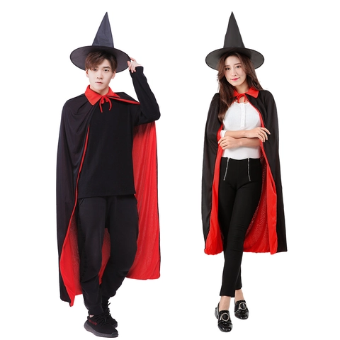 Mantello Halloween Reversibile Doppio Strato Rosso Nero Tessuto Maglia Costume Vampiro Strega Cappuccio Collo Alto Unisex
