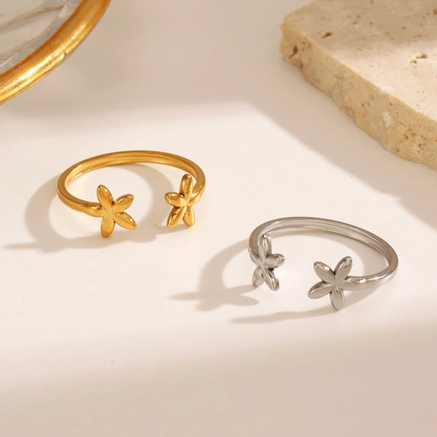 Stainless Steel Flower Ring 18K Gold Plated Open Adjustable Minimalist Floral Jewelry Gift For Women Fashion Accessory