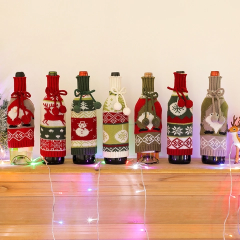 Christmas Wine Bottle Cover Knitted Acrylic Festive Table Decor Reindeer Snowman Patterns Party Dining Atmosphere Pom Pom