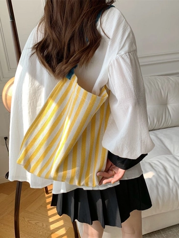 Bolso Tote De Lona Rayada Con Correa De Hombro Fruncida Gran Capacidad Color De Contraste Bolso De Moda Para Mujer