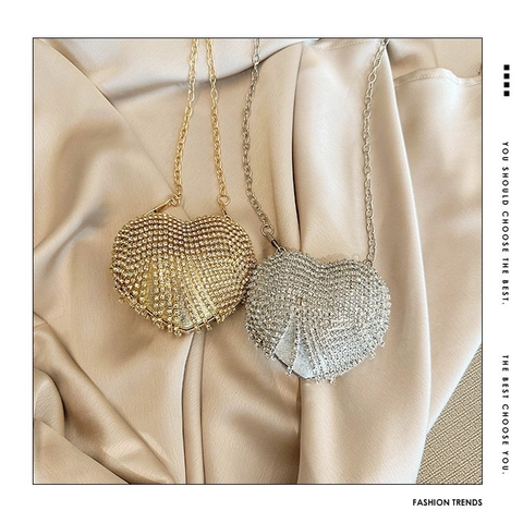 Borsa Da Sera A Forma Di Cuore Con Strass Mini Pochette Tracolla In Cristallo Scintillante Con Catena In Metallo Donna Party