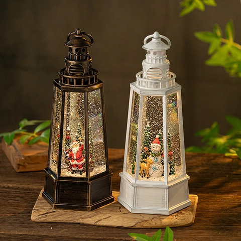 Kerst Sneeuwbal Lantaarn Muziekdoos Vuurtoren Ornament Glitter USB LED Verlichting Kerstman Sneeuwpop Decoratie
