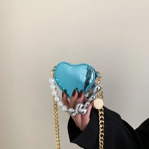 Heart Shaped Mini Crossbody Bag Crocodile Pattern PU Leather With Artificial Pearl Handle Metal Chain Strap Metallic Fashion