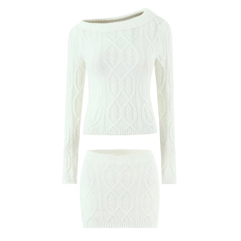 Pull Torsadé À Épaules Dénudées Pour Femmes Et Mini Jupe Mélange De Polyester Manches Longues Coupe Ajustée Vêtements Streetwear