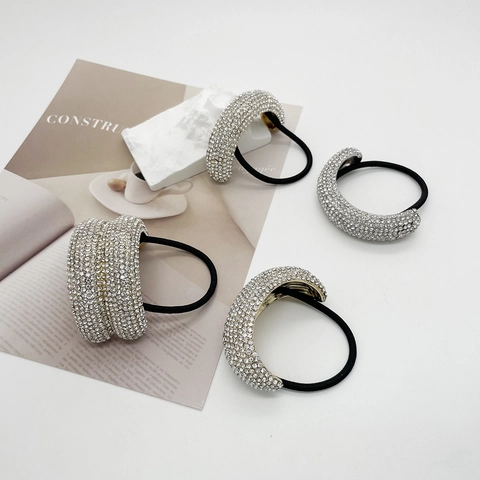 Rhinestone Ponytail Tie Alloy Metal Cuff Hair Band Sparkling Crystal Elastic Hair Rope For Women Luxury Trendy