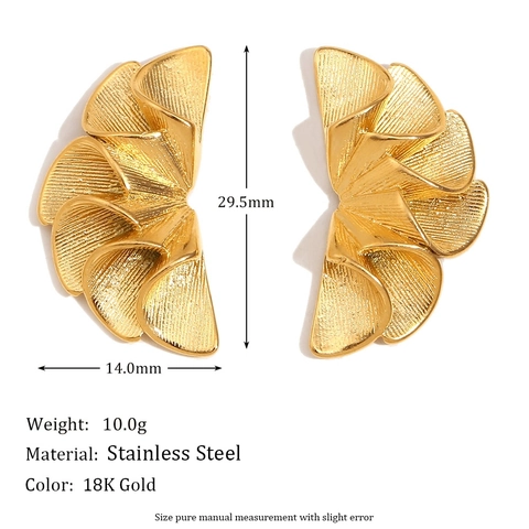 Pleated Petal Stud Earrings Stainless Steel 18K Gold Plated Geometric Fan Shaped Retro Fashion Jewelry For Women