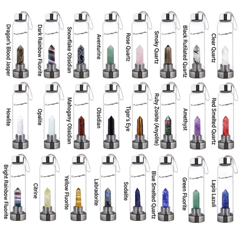 Natural Crystal Energy Water Bottle Gemstone Hexagonal Point Healing Pillar Glass Drinking Vessel 304 Stainless Steel Lid