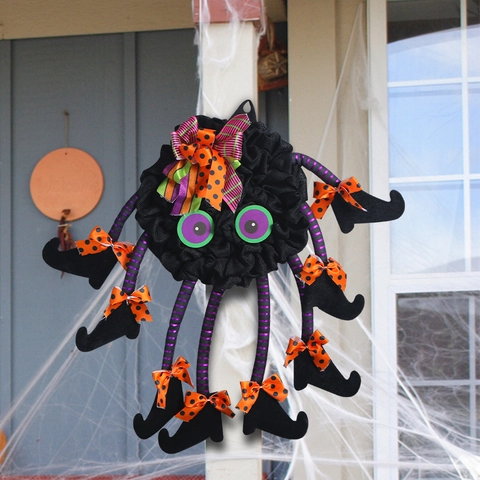 Halloween Spinne Kranz Türhänger Stoff Netz Mehrbeinig Hexenstiefel Punktierte Schleifen Grusel Party Heim Dekoration