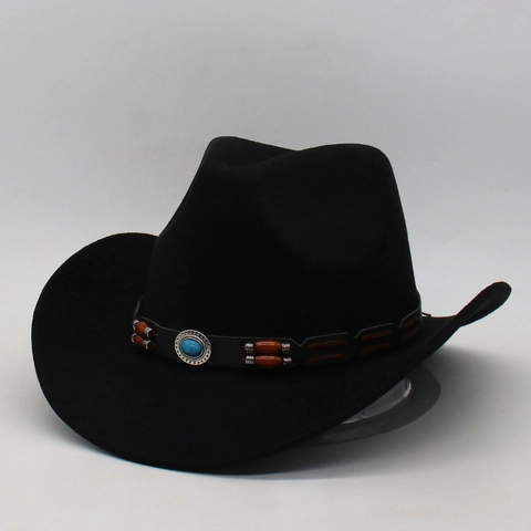 Western Cowboy Hat Vintage Suede Felt Wide Brim Ethnic Turquoise Wood Bead Decorative Band For Men Women