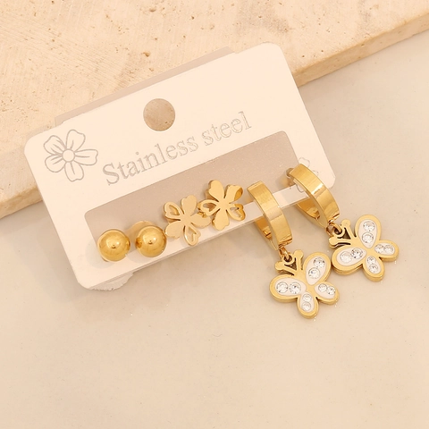 Mode Ohrringe Edelstahl Strass Gold Herz Schmetterling Blume Geometrischer Schmuck Für Frauen
