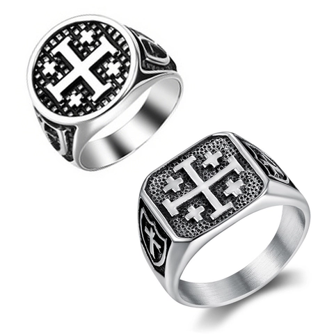 Anello Sigillo Croce Di Gerusalemme Acciaio Inossidabile 316L Retro Vintage Religioso Scudo Croce Per Uomini Donne