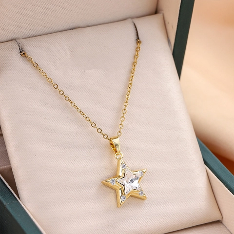 Ketting Met Vijfpuntige Ster Hanger Titanium Staal Koper Zirkoon Glinsterende Sleutelbeenhalsketting Sieraden Voor Dames