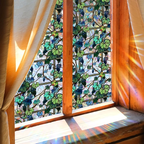 Película De Ventana Estática Privacidad PVC Efecto Arcoíris Patrón Vid De Uva Pegatina De Vidrio No Adhesiva Decoración