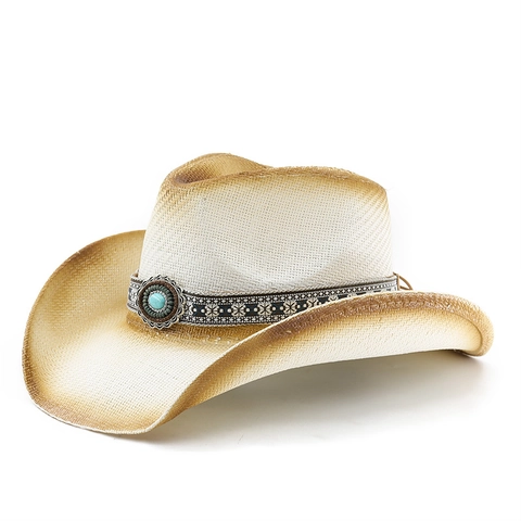 Chapeau De Cow-Boy En Paille Respirant Protection Solaire Large Bord Style Rétro Ethnique Avec Bande De Perles Turquoise