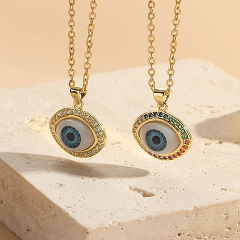 Evil Eye Anhänger Halskette Titanstahlkette Kupfer 14K Vergoldet Zirkon Regenbogen Klare Steine Mode Schmuck Damen
