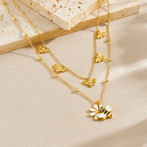 Collana A Doppio Strato In Acciaio Inossidabile Placcato Oro Ciondolo Ape E Margherita Fiore Smalto Bianco Gioielli Da Donna