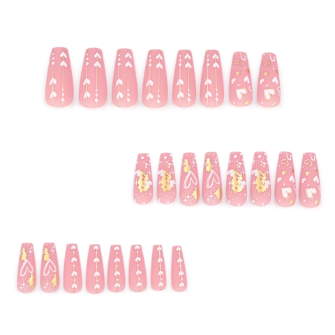 Matte Roze Ballerina Plaknagels Met 3D Hart Goudfolie Romantisch Zoet Coffin Fake Nails Voor Dames Dagelijks Sieraden