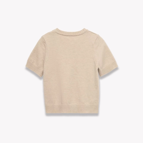 Top De Punto Con Cuello Redondo Y Manga Corta Para Mujer Poliéster Acrílico Color Sólido Suéter Suave Color Avena
