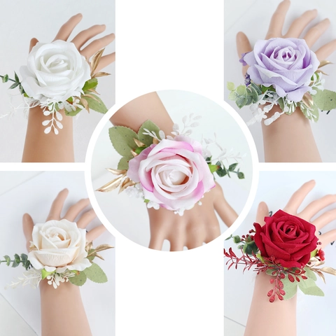 Hochzeit Künstliche Rose Boutonniere Handgelenk Corsage Satinnblume Handgemachte Blumendekor Für Trauzeugen Brautjungfer