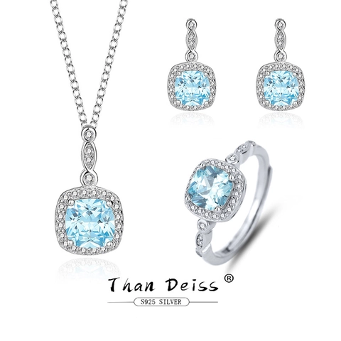 925 Sterling Silber Hellblaues Kissen Schliff Edelstein Halo Halskette Ohrringe Ring Für Frauen Elegante Mode