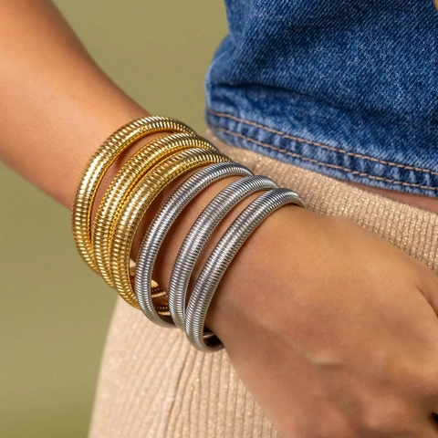 Tubogas Snake Bone Bangle Stainless Steel Elastic Ribbed Spiral Fashion Jewelry For Women 18K Gold Plated