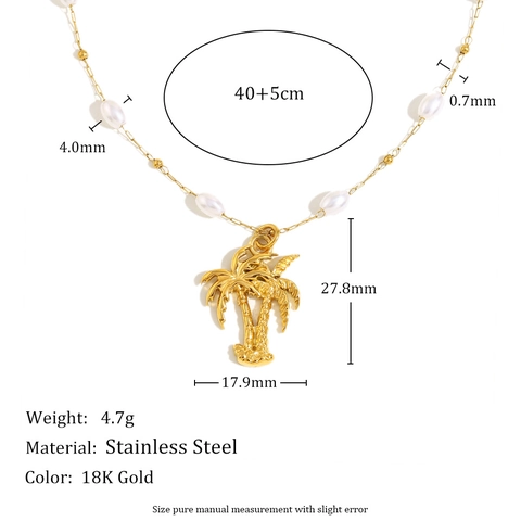 Collana Con Ciondolo Palma In Acciaio Inossidabile Placcato Oro 18K Con Künstliche Perle Stile Vacanza Al Mare Per Donne