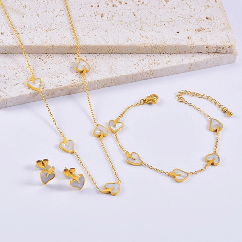 Set di Gioielli Minimalista in Acciaio Inossidabile Cuore Bianco Foglia Perla Artificiale Collana Bracciale Orecchini per Donna