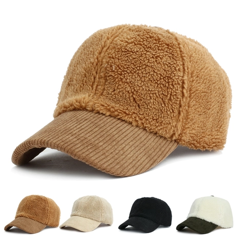 Cappello Da Baseball Patchwork In Velluto A Coste E Lana Di Agnello Sherpa Inverno Caldo Tinta Unita Regolabile