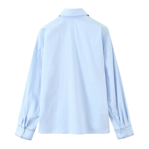 Camisa De Manga Larga Para Mujer Azul Claro Poliéster Cintura Entallada Detalle De Botón Color Sólido Blusa Con Solapa