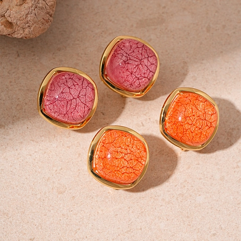 Vintage Square Geometric Stud Earrings Alloy Resin With 925 Sterling Silver Earring Post Crackle Texture Women Fashion
