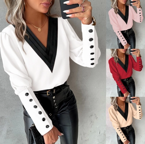 Women's V-Neck Contrast Trim Blouse Long Sleeve Puff Sleeve Top With Decorative Buttons Elegant Solid Color Commuter Shirt