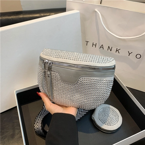 Borsa Da Petto Alla Moda Con Strass Da Donna Marsupio In Pelle PU Con Tracolla Ampia A Motivi E Mini Portamonete Rotondo